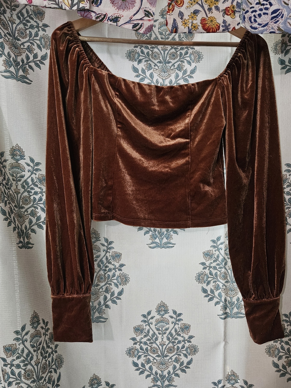 Brown Velvet Off-Shoulder Long Sleeve Top